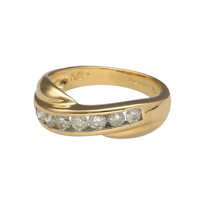 Add timeless sparkle and contemporary elegance to your jewellery collection with this pre-owned 18ct yellow gold diamond crossover band ring, featuring a sophisticated design with luxurious everyday appeal—perfect for anniversaries, special occasions, or refined daily wear.

Design: The ring showcases an elegant crossover band design measuring approximately 6mm wide at the front, creating a graceful and eye-catching appearance across the finger.