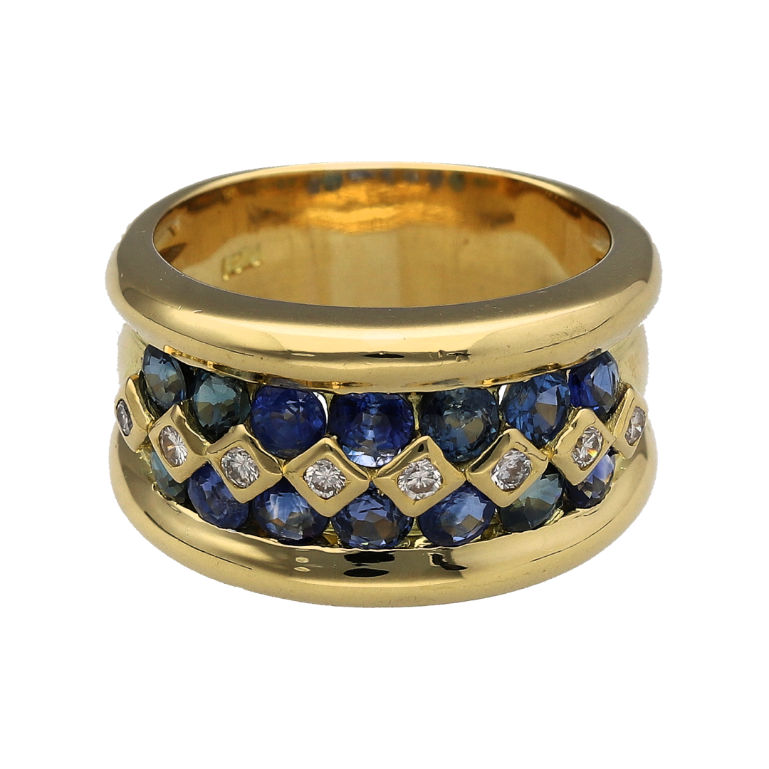 18ct Gold Diamond & Sapphire Wide Band Ring
