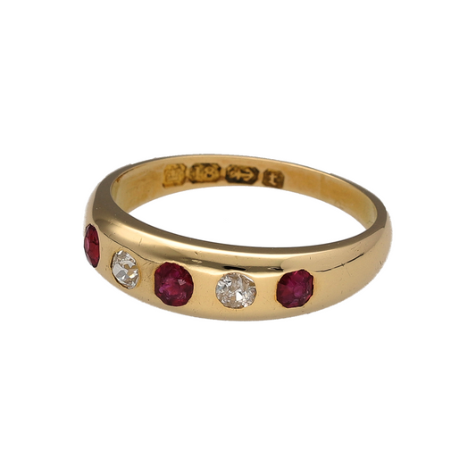 Add a touch of timeless luxury and vibrant colour to your collection with this pre-owned 18ct yellow gold diamond and ruby band ring. Featuring sparkling diamonds and rich red rubies in an elegant band design, this beautiful ring is perfect for everyday wear, special occasions, or as a meaningful gift.

Design: The ring showcases a classic gemstone band design with alternating diamonds and rubies across the front, creating a striking contrast between brilliant sparkle and rich colour.