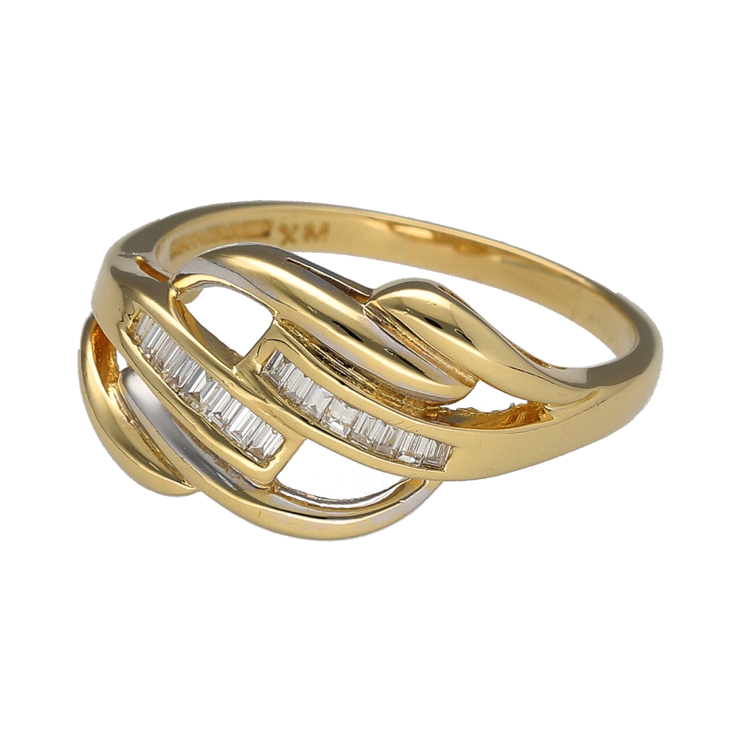 Make a statement with this pre-owned 18ct yellow gold diamond multi-band twist ring, featuring an elegant flowing design and sparkling baguette-cut diamonds. Combining contemporary styling with timeless luxury, this striking ring is perfect for those who appreciate distinctive fine jewellery.

Design: The ring showcases an eye-catching multi-band twist design, with the flowing bands intertwining across the front to create depth and movement.