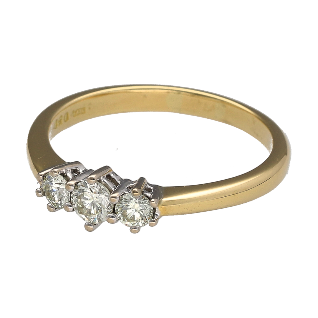 Celebrate timeless elegance and meaningful symbolism with this pre-owned 18ct yellow gold diamond trilogy ring. Featuring three sparkling diamonds with an impressive total diamond weight, this classic design is a beautiful choice for an anniversary gift, engagement ring, or treasured addition to any fine jewellery collection.

Design: The ring showcases three diamonds arranged in the traditional trilogy setting, creating a balanced and sophisticated design with exceptional sparkle.