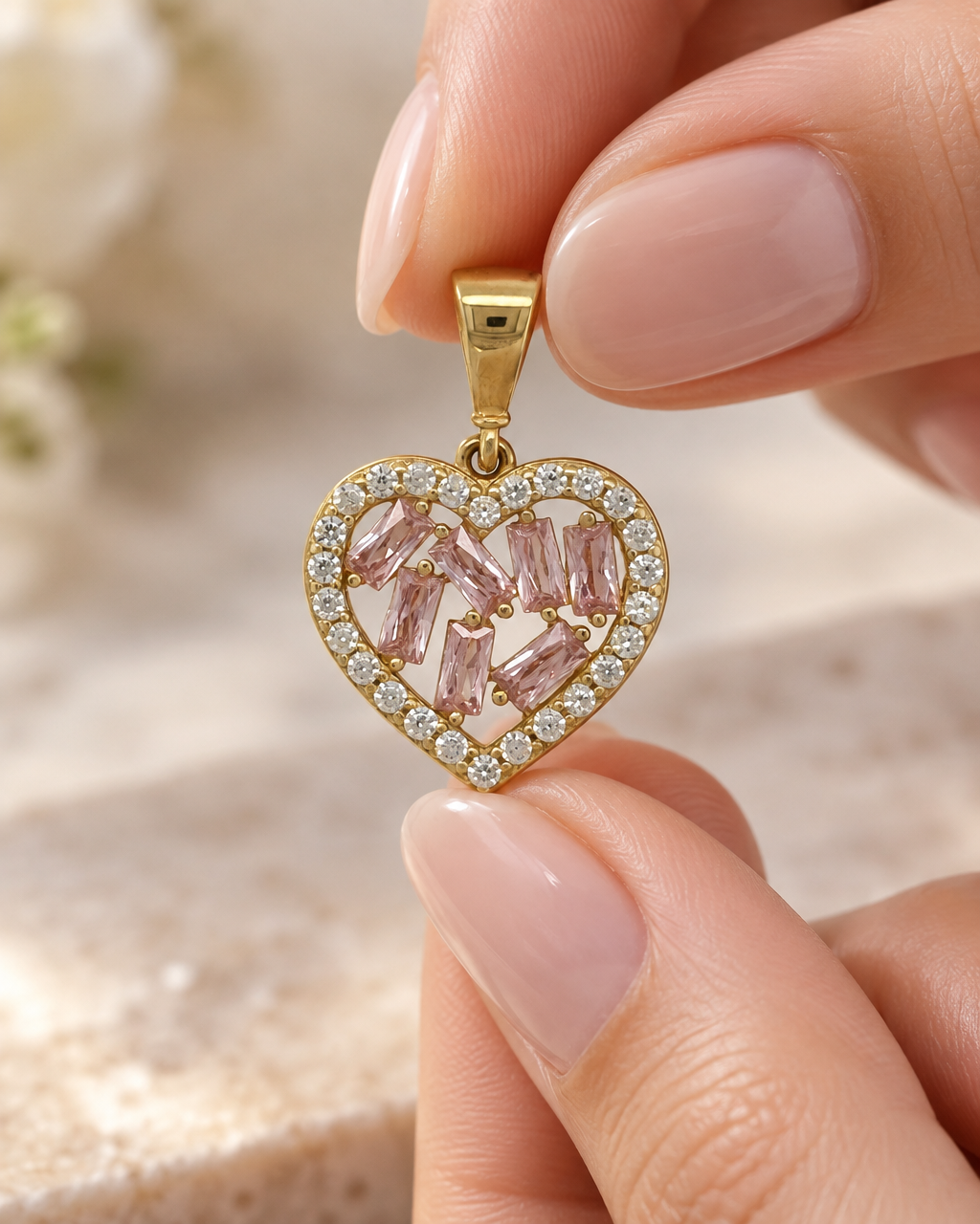 9ct Gold Pink Stone & Cubic Zirconia Cluster Heart Pendant