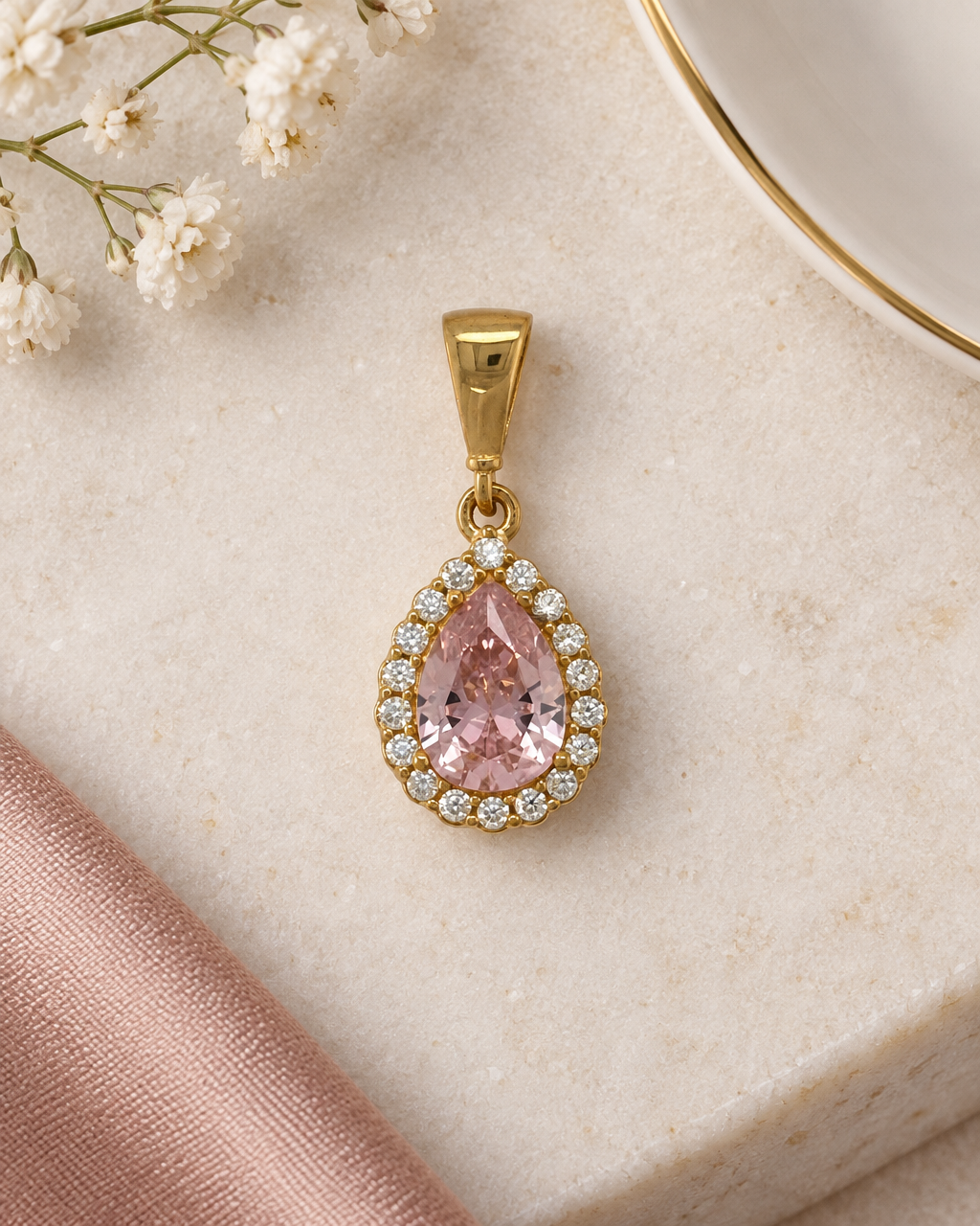 9ct Gold Cubic Zirconia & Pink Stone Teardrop Cluster Pendant