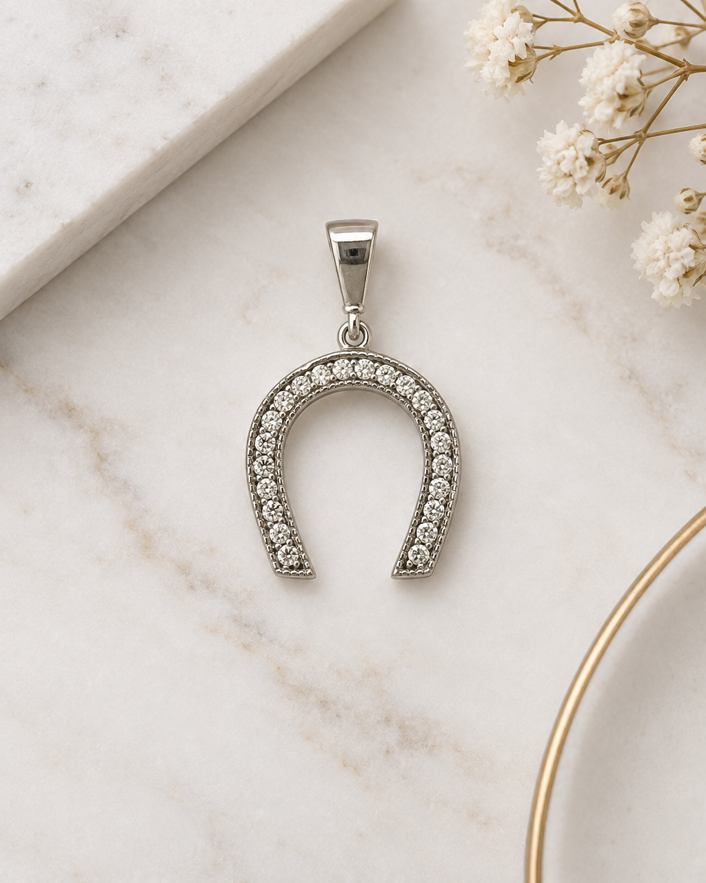 9ct White Gold & Cubic Zirconia Horseshoe Pendant