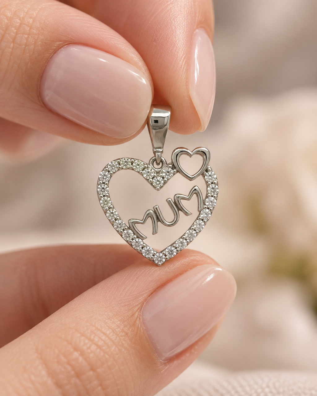9ct White Gold & Cubic Zirconia Mum Heart Pendant