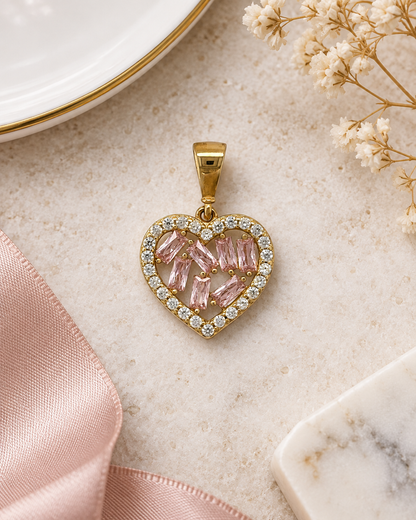9ct Gold Pink Stone & Cubic Zirconia Cluster Heart Pendant