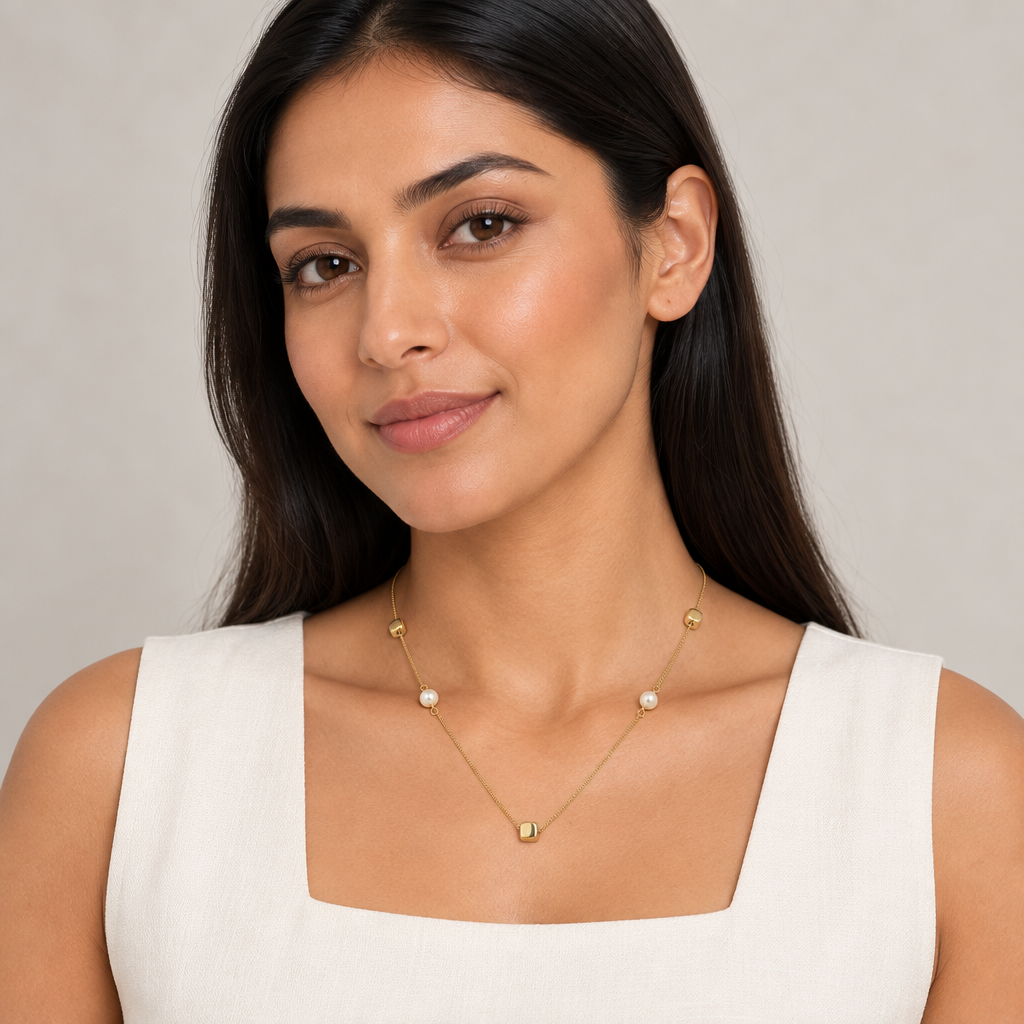 9ct Gold & Pearl Cube 16" - 18" Necklace