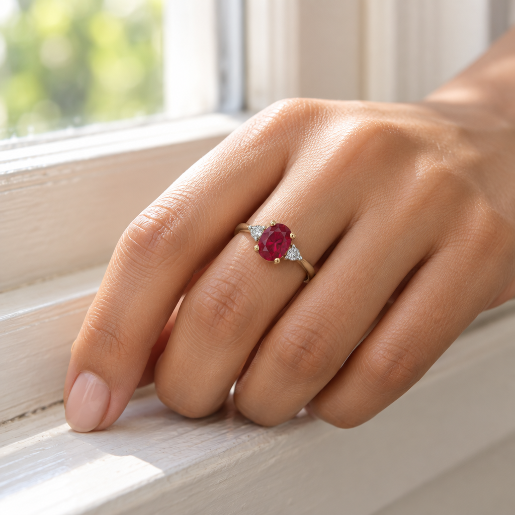 9ct Gold Lab Diamond & Ruby Trilogy Ring