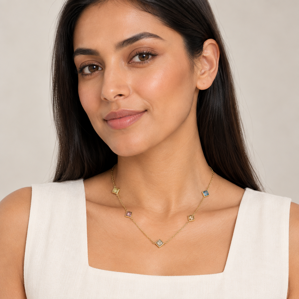 9ct Gold & Multi Coloured Gemstone 16" - 18" Necklace