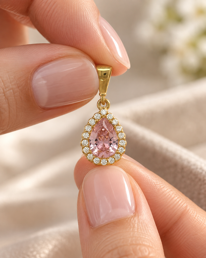 9ct Gold Cubic Zirconia & Pink Stone Teardrop Cluster Pendant