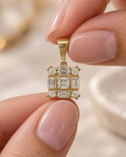 9ct Gold & Cubic Zirconia Cluster Square Pendant