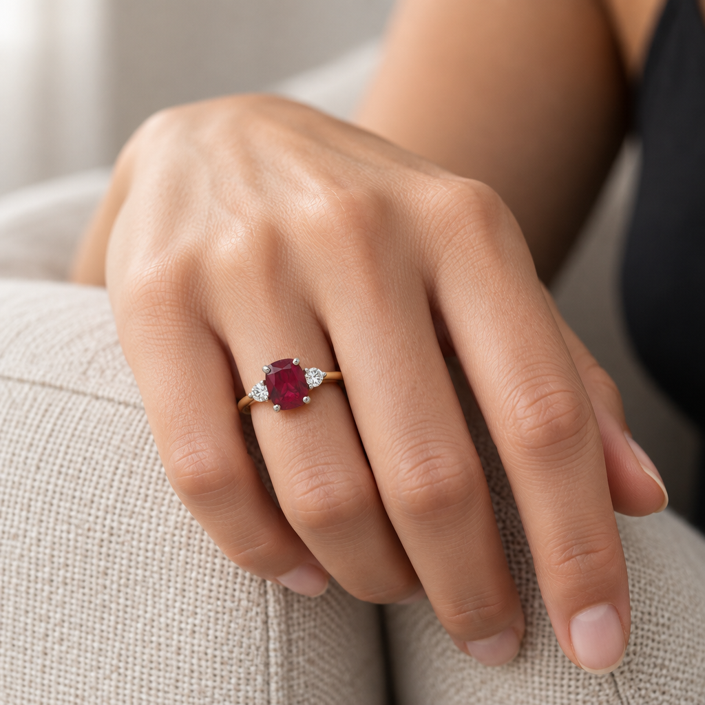 9ct Gold Lab Diamond & Ruby Trilogy Ring