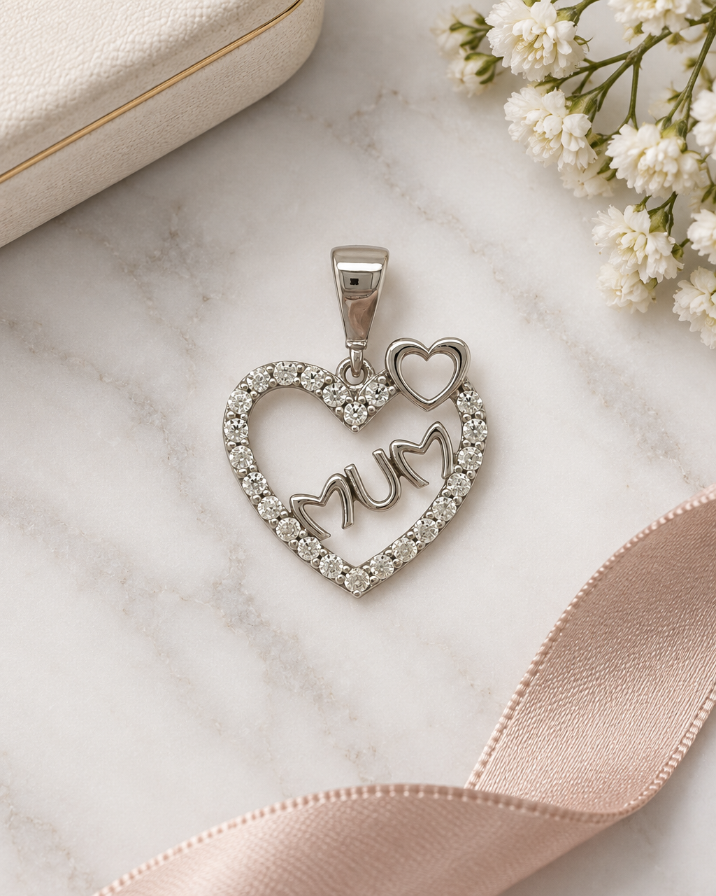 9ct White Gold & Cubic Zirconia Mum Heart Pendant
