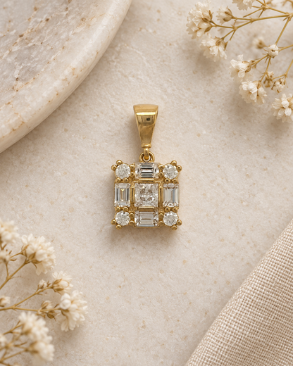9ct Gold & Cubic Zirconia Cluster Square Pendant