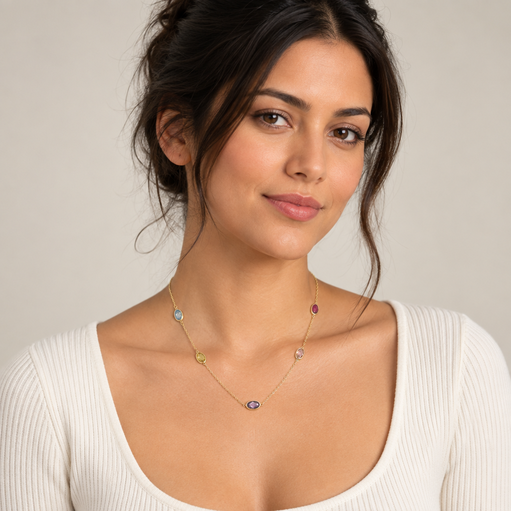 9ct Gold & Multi Coloured Gemstone 16" - 18" Necklace