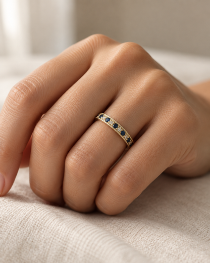 9ct Gold Sapphire & Cubic Zirconia Band Ring