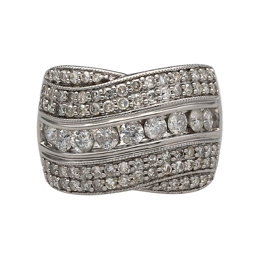 18ct White Gold & Diamond Set Wide Crossover Band Ring