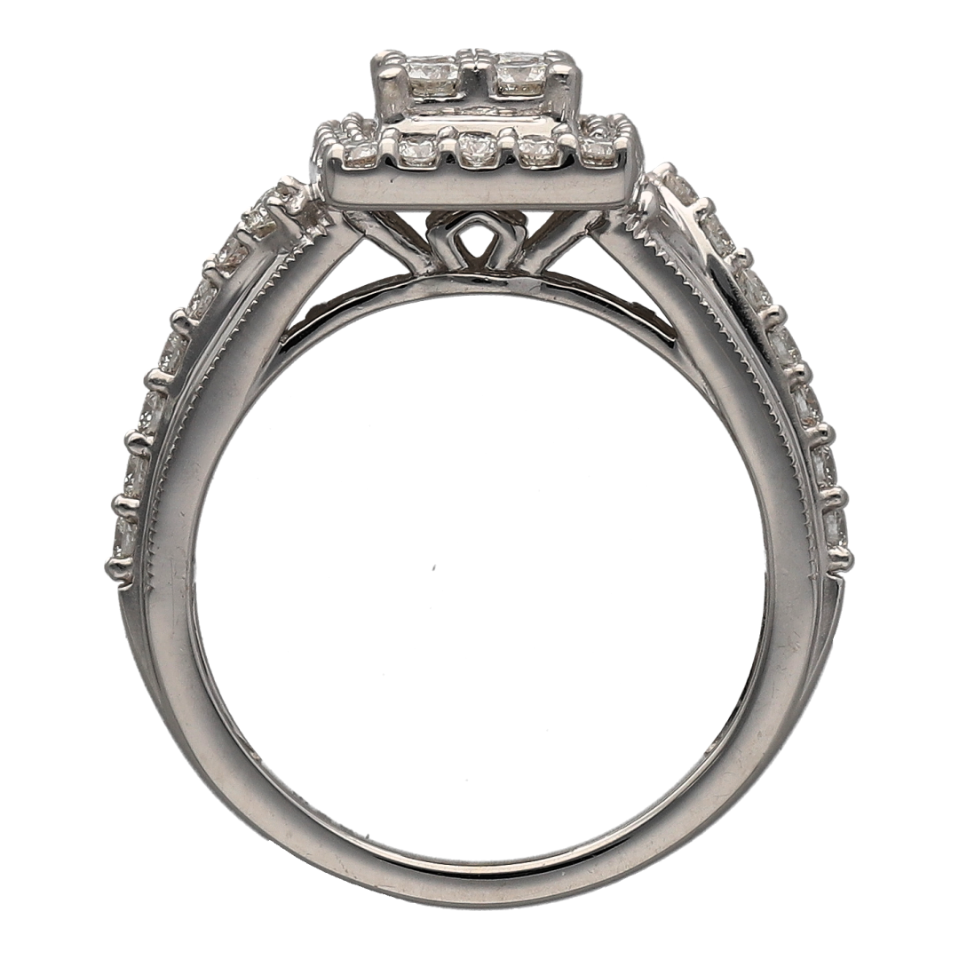 9ct White Gold & Diamond Set Rectangle Halo Cluster Ring