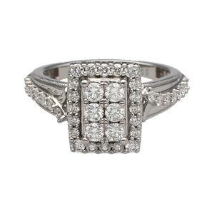 9ct White Gold & Diamond Set Rectangle Halo Cluster Ring