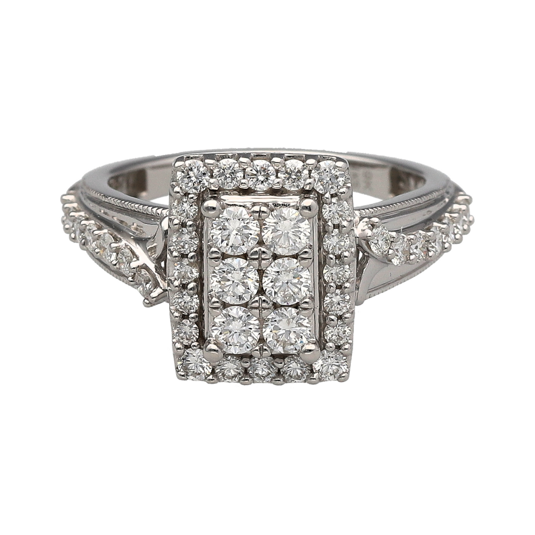 9ct White Gold & Diamond Set Rectangle Halo Cluster Ring
