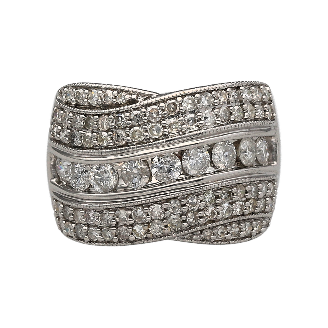 18ct White Gold & Diamond Set Wide Crossover Band Ring