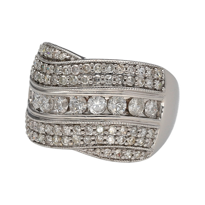 Bring dazzling elegance to your collection with this pre-owned 18ct white gold wide crossover band ring, adorned with brilliant-cut diamonds for a luxurious and contemporary statement.

Design: The ring features a bold 15mm wide crossover band, intricately set with multiple brilliant-cut diamonds that catch the light beautifully.
Material: Made in 18-carat white gold, the polished finish enhances the brilliance of the diamonds and lends a sleek, modern feel.