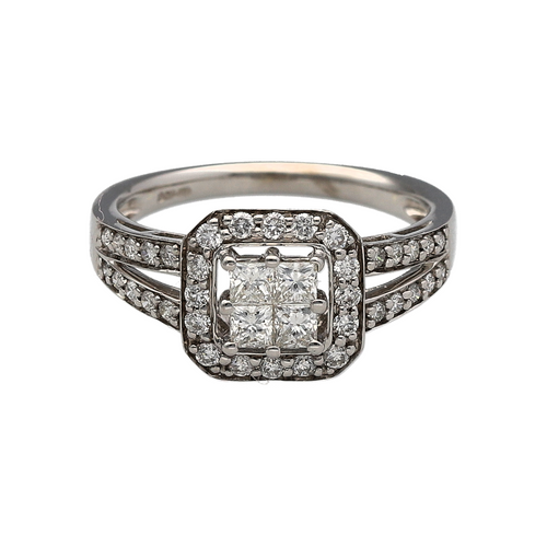 9ct White Gold & Diamond Set Princess Cut Cluster Solitaire Ring
