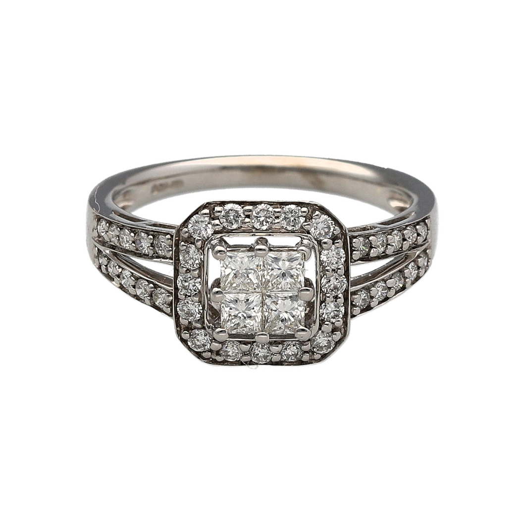 9ct White Gold & Diamond Set Princess Cut Cluster Solitaire Ring