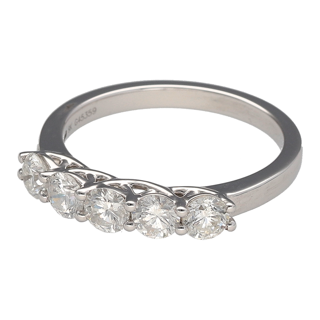 Add bold brilliance and timeless romance to your collection with this pre-owned 9ct white gold five stone diamond ring—perfect for marking life’s special moments with enduring sparkle.

Design: The ring features five brilliant cut diamonds across the front, creating a balanced and eye-catching display of light and symmetry.
Material: Made from 9-carat white gold, the polished finish enhances the fire of the diamonds with a cool, refined glow.
