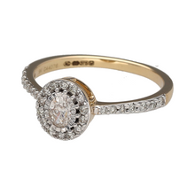 Load image into Gallery viewer, New 9ct Yellow and White Gold &amp; Diamond Set Halo Cluster Ring in size N with the weight 2.10 grams. The front of the ring is 9mm high and there is approximately 50pt of diamond content in total. The diamonds are approximate clarity Si - i1 and colour M - N
