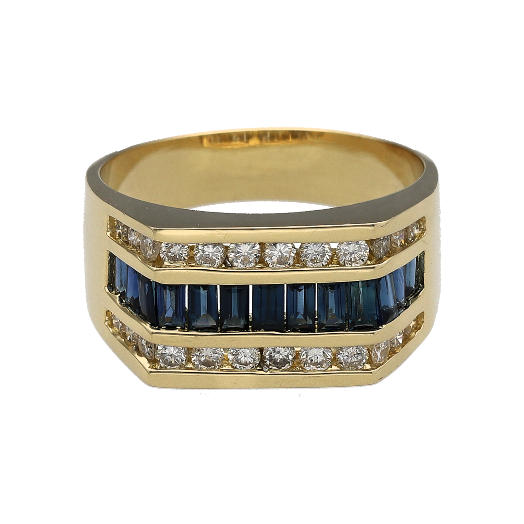 14ct Gold Diamond & Sapphire Set Three Row Ring