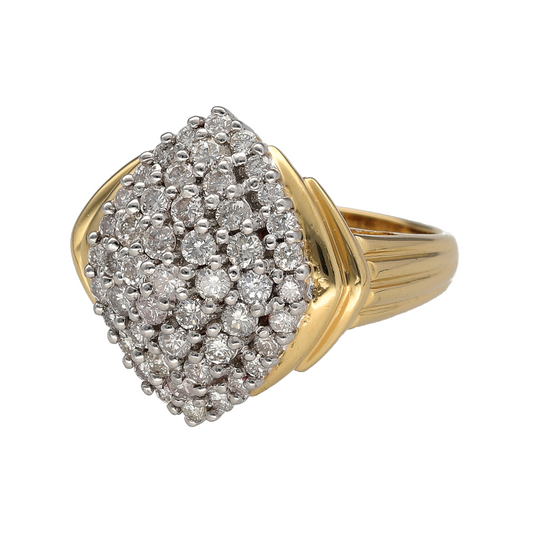 Bring dazzling brilliance and luxurious style to your collection with this pre-owned 18ct yellow and white gold diamond set large cluster ring—a statement piece that radiates timeless glamour and sophistication.

Design: The ring features an impressive 20mm high cluster design, adorned with approximately 1.50ct of sparkling diamonds arranged to maximise brilliance and visual impact.