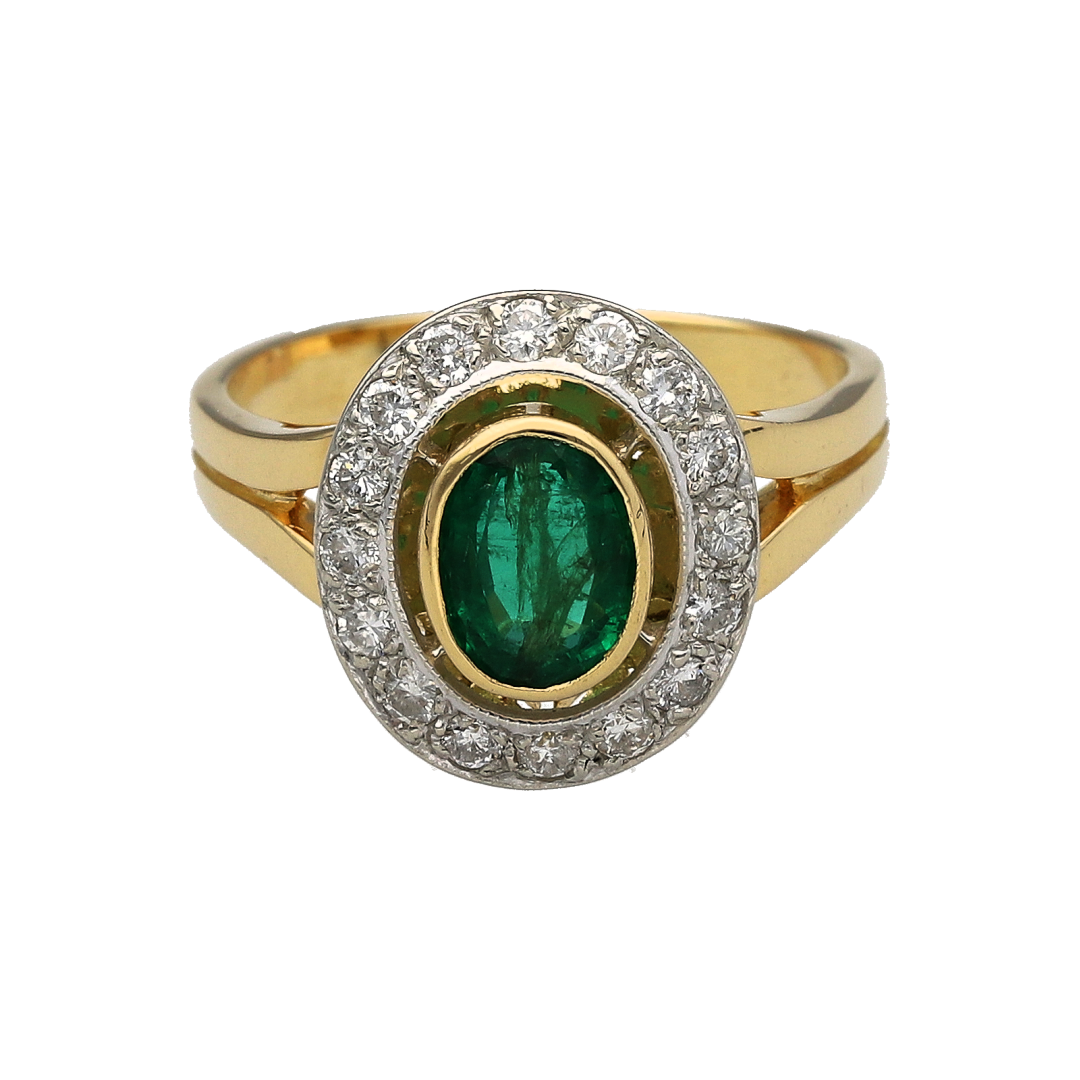 18ct Gold Diamond & Emerald Set Halo Ring