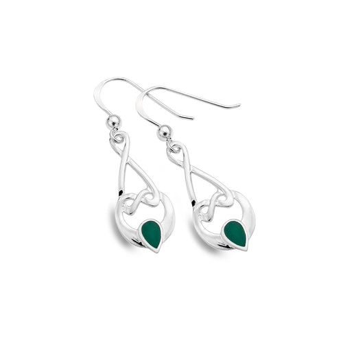 925 Silver Celtic Loop Green Agate Drop Earrings