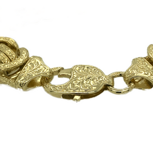 New 9ct Yellow Gold 8.25" Engraved Byzantine Bracelet with the weight 39.60 grams. The large links measure 20mm by 15mm