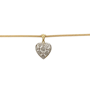 Preowned 9ct Yellow and White Gold & Diamond Set Heart Pendant on an 18" curb chain with the weight 4.60 grams. The pendant is 2cm long including the bail
