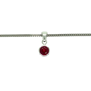 New 925 Silver July Birthstone Pendant on either an 18" or 20" curb chain. The pendant is set with a synthetic ruby stone which is 5mm diameter. The pendant is 14mm long including the bail