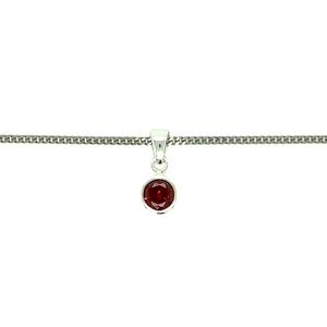 New 925 Silver January Birthstone Pendant on either an 18" or 20" curb chain. The pendant is set with a synthetic garnet stone which is 5mm diameter. The pendant is 14mm long including the bail