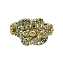 Load image into Gallery viewer, New 9ct Yellow Gold &amp; Cubic Zirconia Set Knot Ring in size V with the weight 15.90 grams. The height of the front of the ring is approximately 1.6cm
