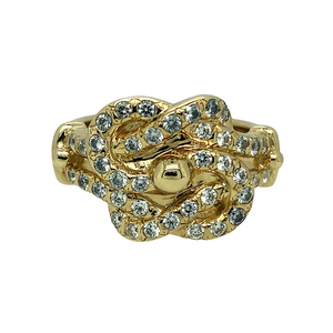 New 9ct Yellow Gold & Cubic Zirconia Set Knot Ring in size V with the weight 15.90 grams. The height of the front of the ring is approximately 1.6cm
