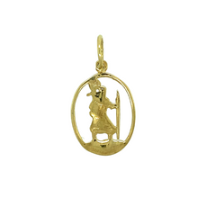 Load image into Gallery viewer, New 9ct Yellow Gold Open Oval St Christopher Pendant with the weight 1.20 grams. The pendant is 2.6cm long including the bail and the St Christopher is 1.8cm by 1.4cm
