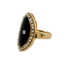 Load image into Gallery viewer, Preowned 9ct Yellow Gold Diamond &amp; Onyx Set Dress Ring with Seed Pearls surrounding the marquise shape onyx stone. The ring is in size M with the weight 5.80 grams and the front of the ring is 24mm high. The onyx stone is 19mm by 9mm
