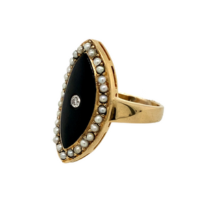 Preowned 9ct Yellow Gold Diamond & Onyx Set Dress Ring with Seed Pearls surrounding the marquise shape onyx stone. The ring is in size M with the weight 5.80 grams and the front of the ring is 24mm high. The onyx stone is 19mm by 9mm