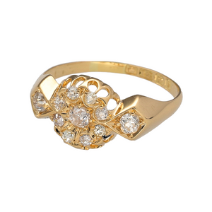 Preowned 18ct Yellow Gold & Old Cut Diamond Antique Set Cluster Ring in size K with the weight 2 grams. There is approximately 35pt of Diamond content in total and the ring is circa early 1900s (approximately 1908 - 1909)