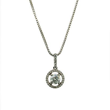 18ct White Gold & Diamond Solitaire Halo 18" Necklace
