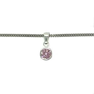 New 925 Silver October Birthstone Pendant on either an 18" or 20" curb chain. The pendant is set with a synthetic pink tourmaline stone which is 5mm diameter. The pendant is 14mm long including the bail