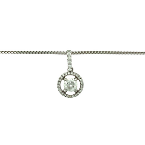Preowned 18ct White Gold & Diamond Solitaire Pendant with a Diamond set halo surround on an 18" chain. This necklace has the weight 5.40 grams. The center stone Diamond is approximately 50pt which is half a carat. The Diamonds are approximately clarity VS - Si and colour F - G