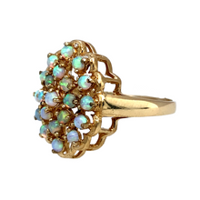 Load image into Gallery viewer, New 9ct Yellow Gold &amp; Created Opal Flower Cluster Ring in various sizes with the weight 3.50 grams. The front of the ring is 20mm high and each stone is approximately 2mm diameter

