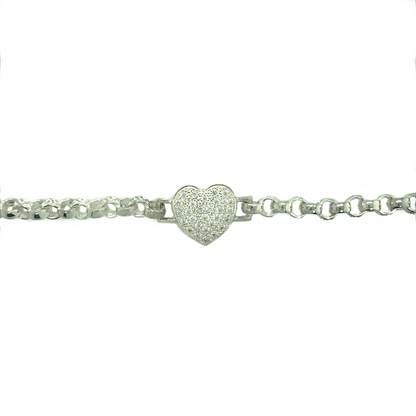 New 925 Silver & Cubic Zirconia Set 6" Heart Belcher Bracelet