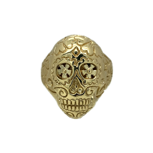 New 9ct Yellow Solid Gold Dia De Los Muertos (Day of the Dead) Style Patterned Skull Ring with engraving all over. This ring is in size Y with the weight 33.30 grams